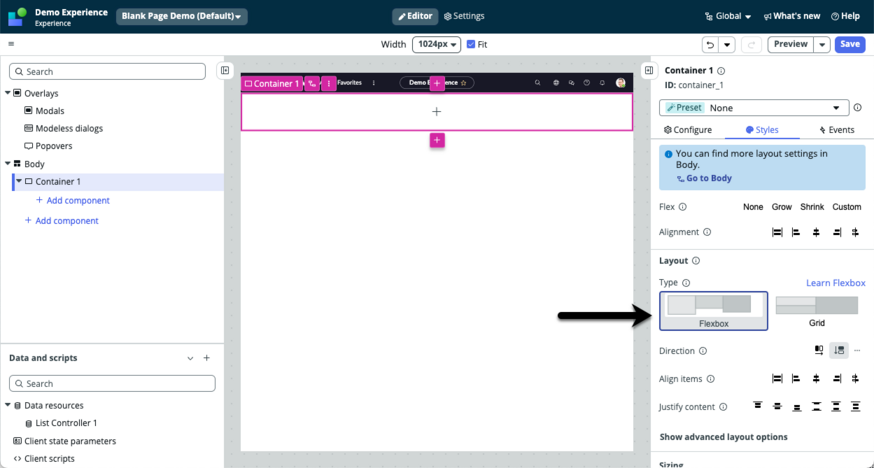 Arrow pointing to the Flexbox option on the configuration panel styles tab.