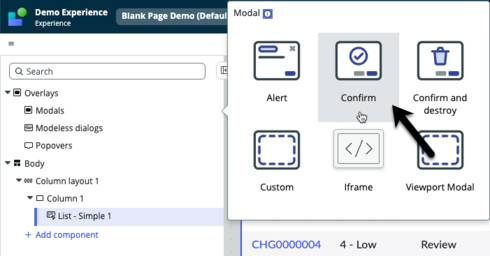 Modal options, with Confirm modal highlighted.