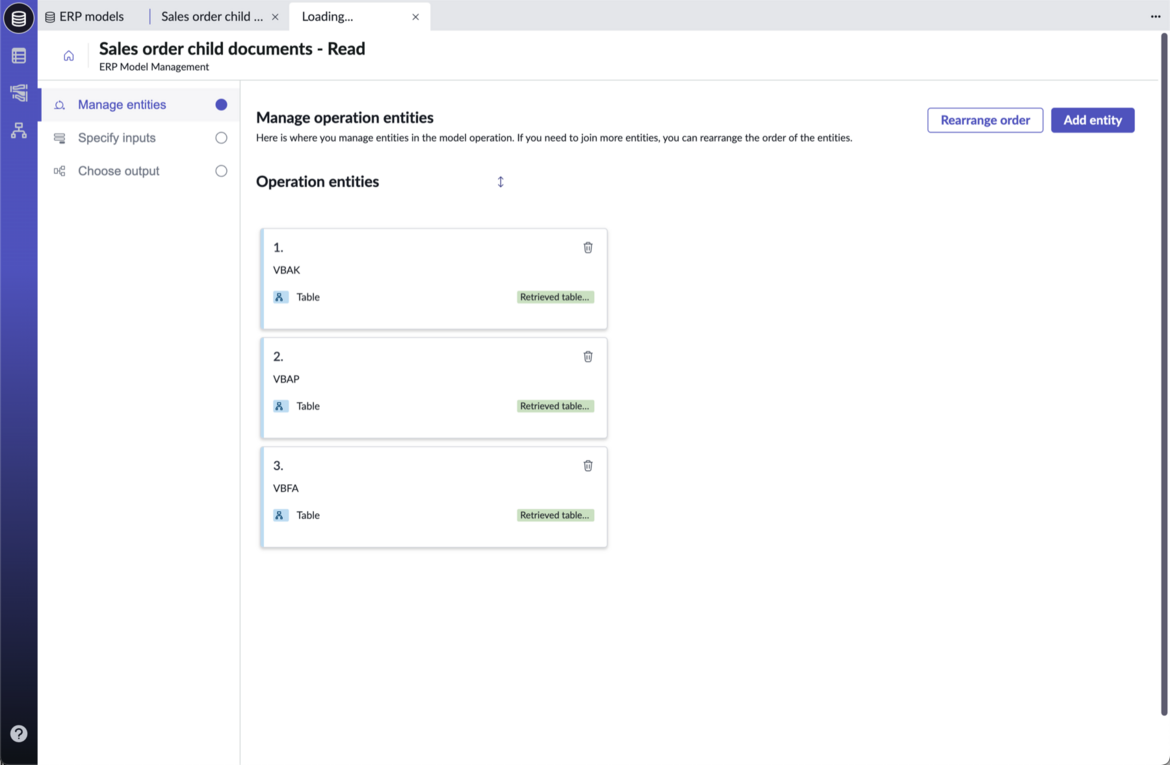 Add operation entities on the Manage entities tab