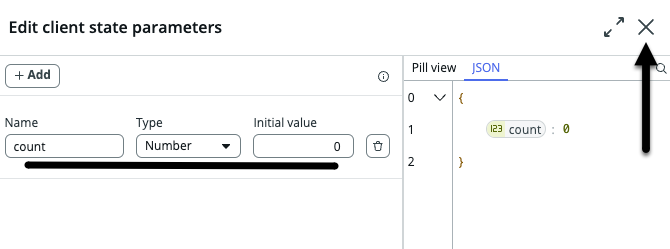 Client state parameter shown with name, type, and initial value fields underlined and black arrow pointing to close icon.