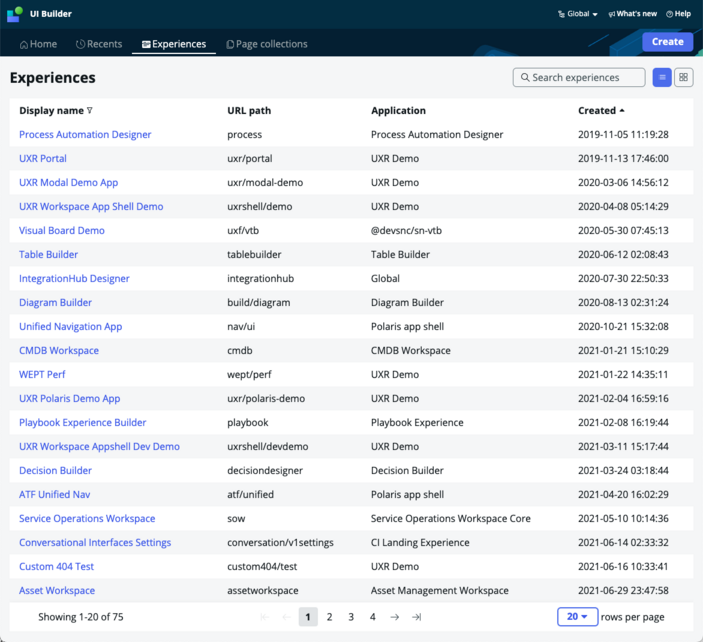 The UI Builder home screen showing the experiences tab.