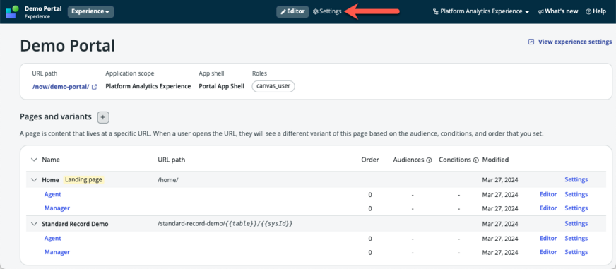 Arrow pointing to the settings toggle on the experience view page.
