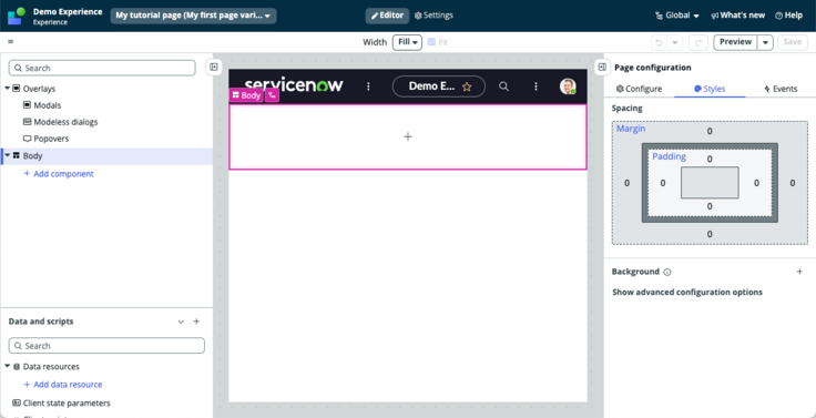 UI Builder page editor showing the new page created in the tutorial.