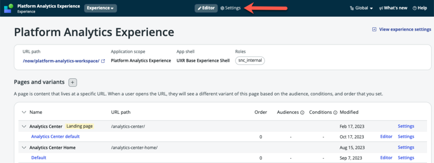 Arrow pointing to the settings toggle on the experience view page.
