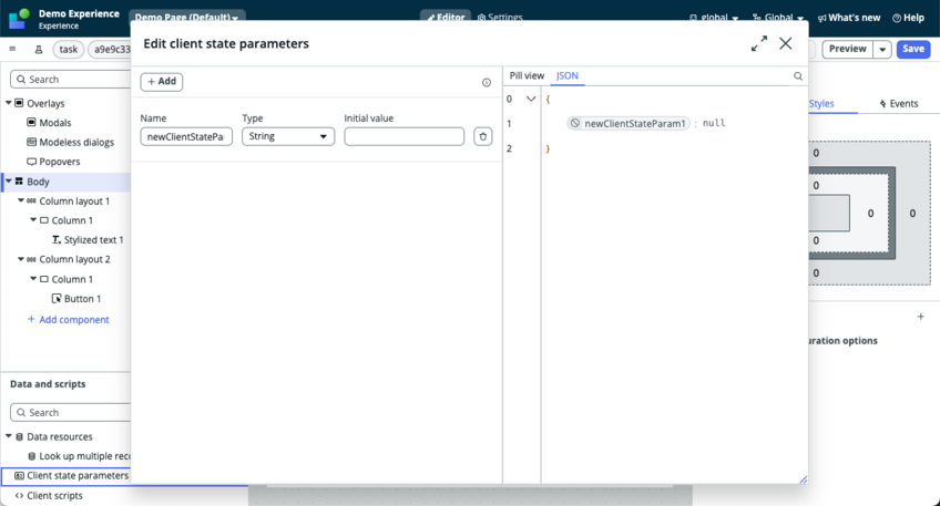 Edit client state parameters modal.