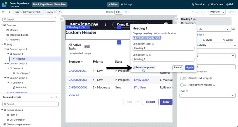 Reset component values with the reset component option.