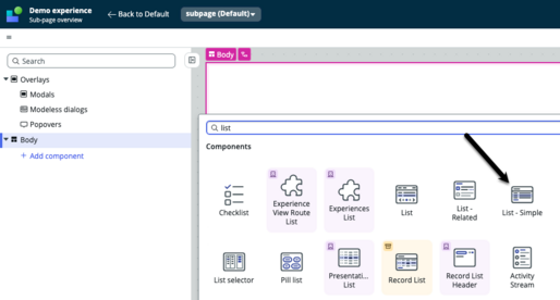 Toolbox with black arrow pointing to list simple component.