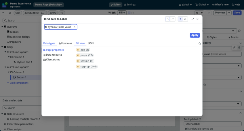 Data binding modal showing available data.