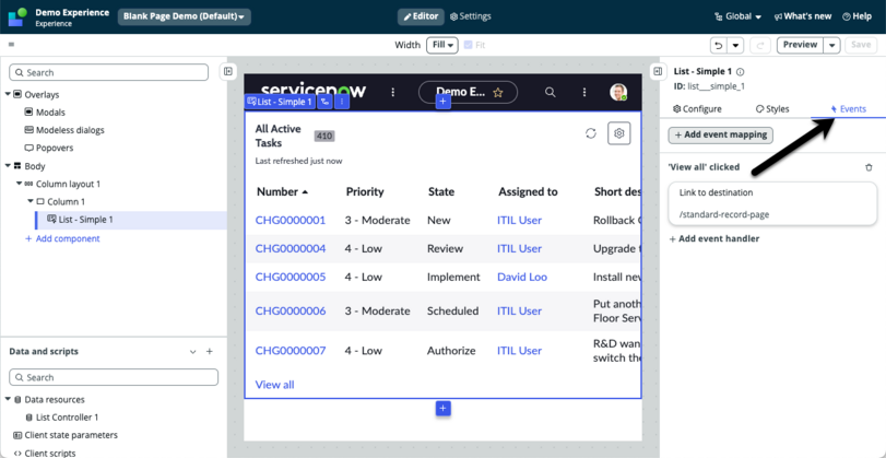 Arrow pointing to the Events tab in the configuration panel.