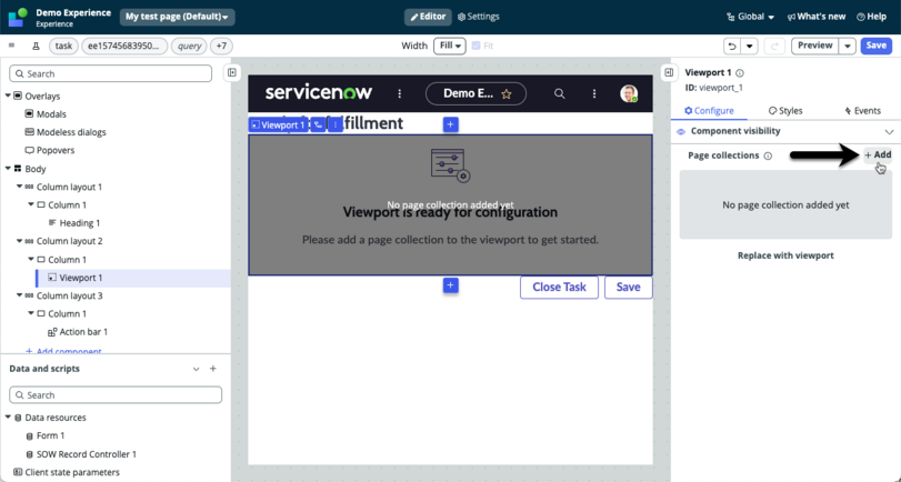 Arrow pointing to the +Add button on the configure tab to add page collections.