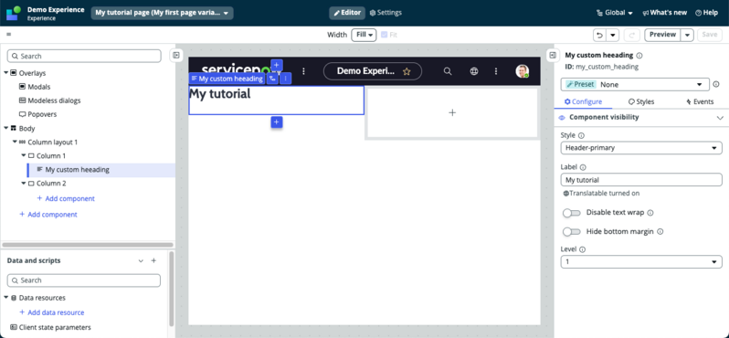 Heading label field in the component configure tab with My tutorial added.