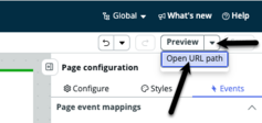 Page with preview button menu displayed and black arrow pointing to open url path option.
