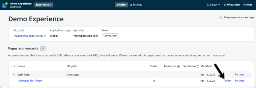 Arrow pointing to the page editor link.