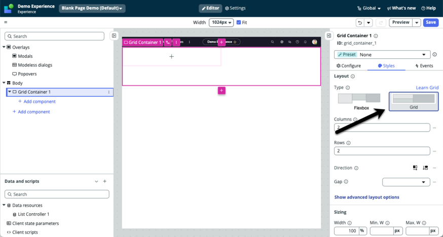 Arrow pointing to the Grid option in the configuration panel styles tab.