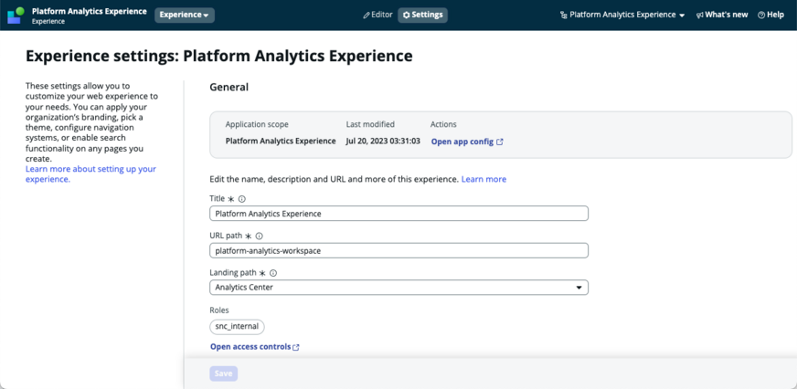 UI Builder experience general settings with fields for the title, URL path, and landing path.