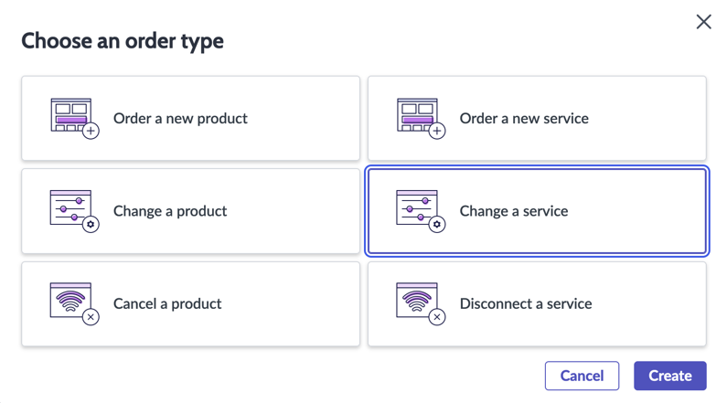 Choose an order type with the Change a service option highlighted.