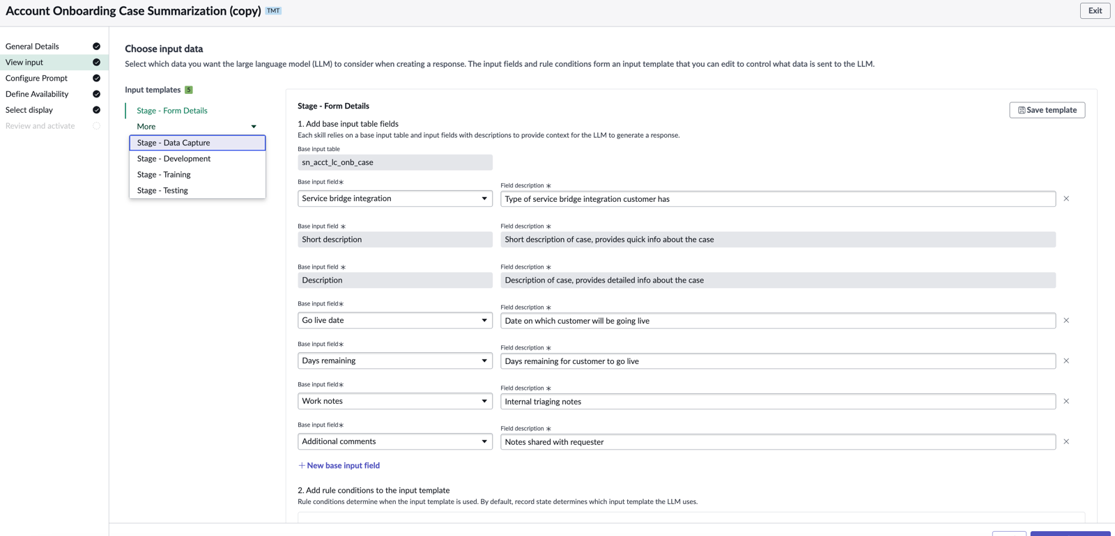 View of all the input tables and fields that are used to define the prompt that will determine where to pull the data from.
