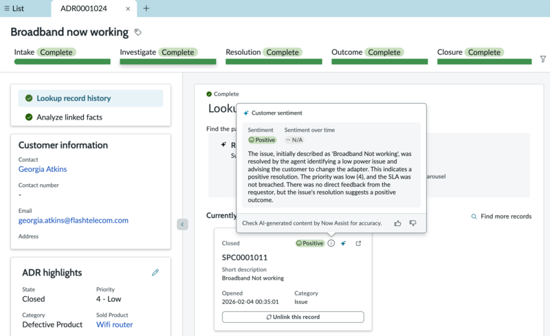 Customer sentiment view on a service problem case.