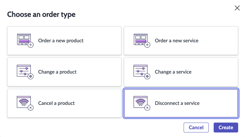 Choose an order type with the Disconnect a service option highlighted.