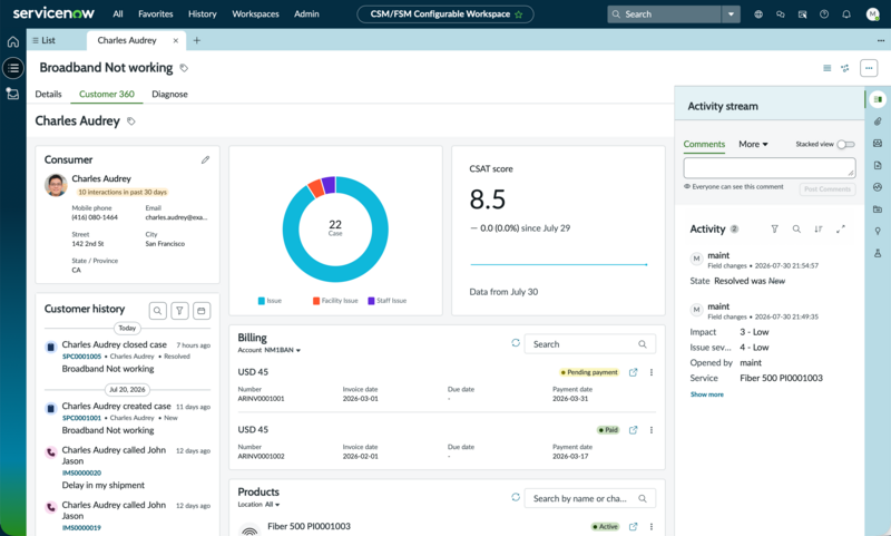 C360 tab vies of an service problem case record page.