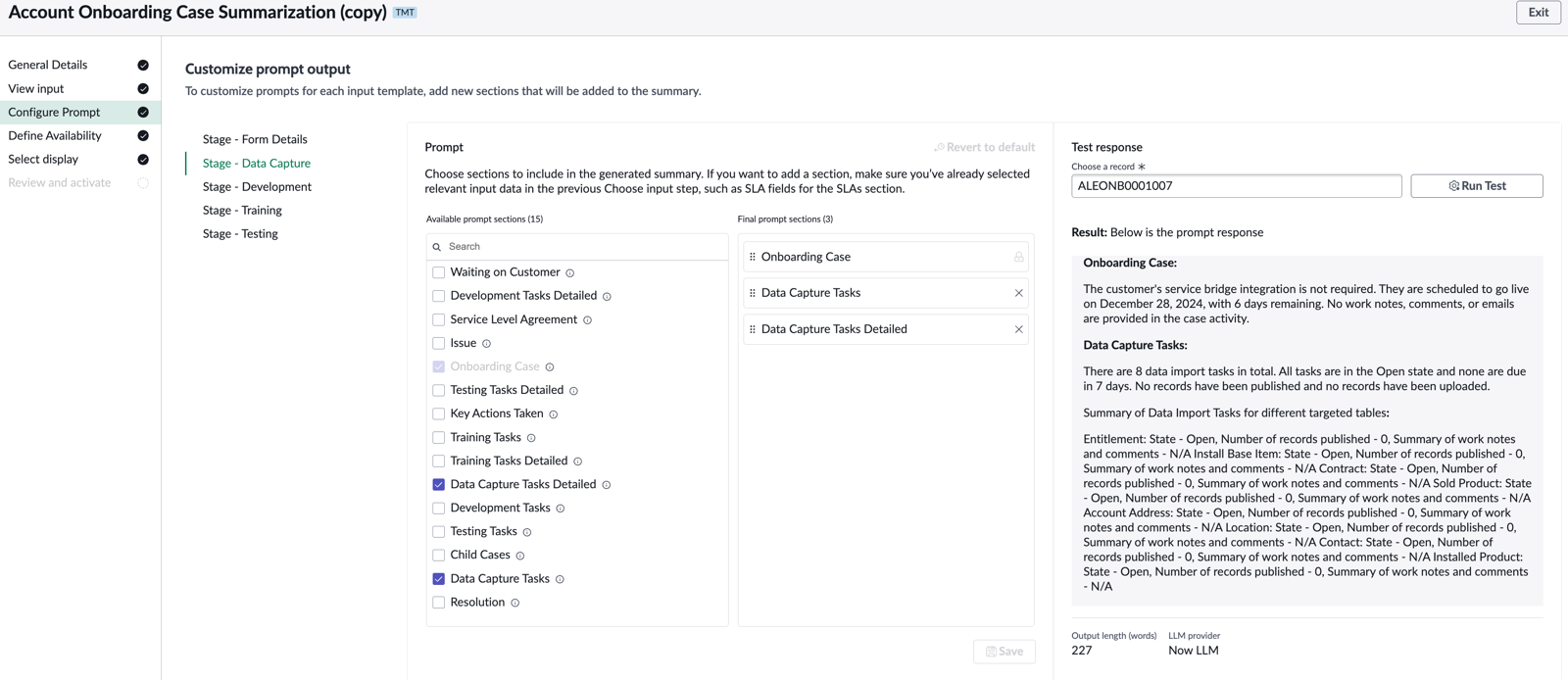 Selection of new sections that can be included in the summary for each input template.