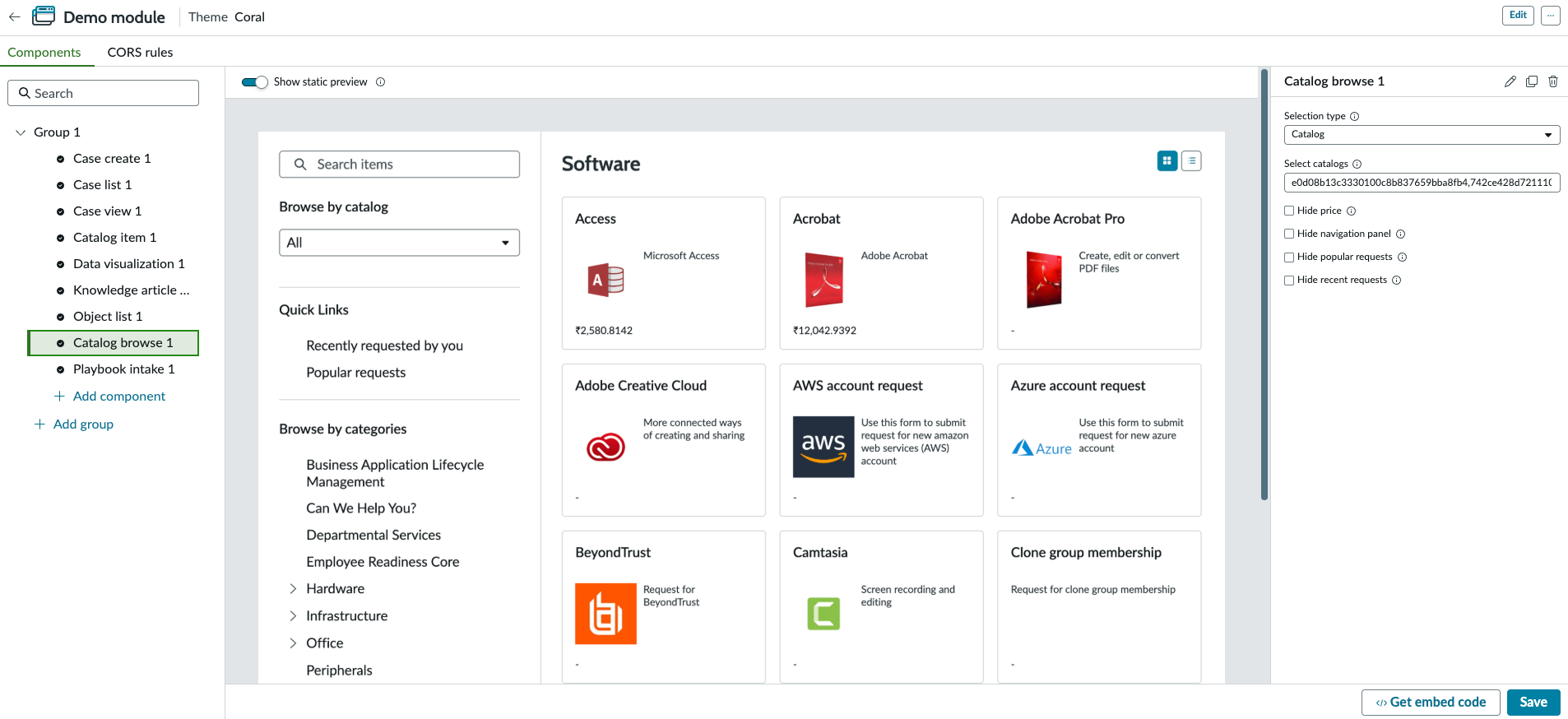 Catalog browse component displaying catalog item based on the selection made in the Browse by catalog and Browse by categories options.