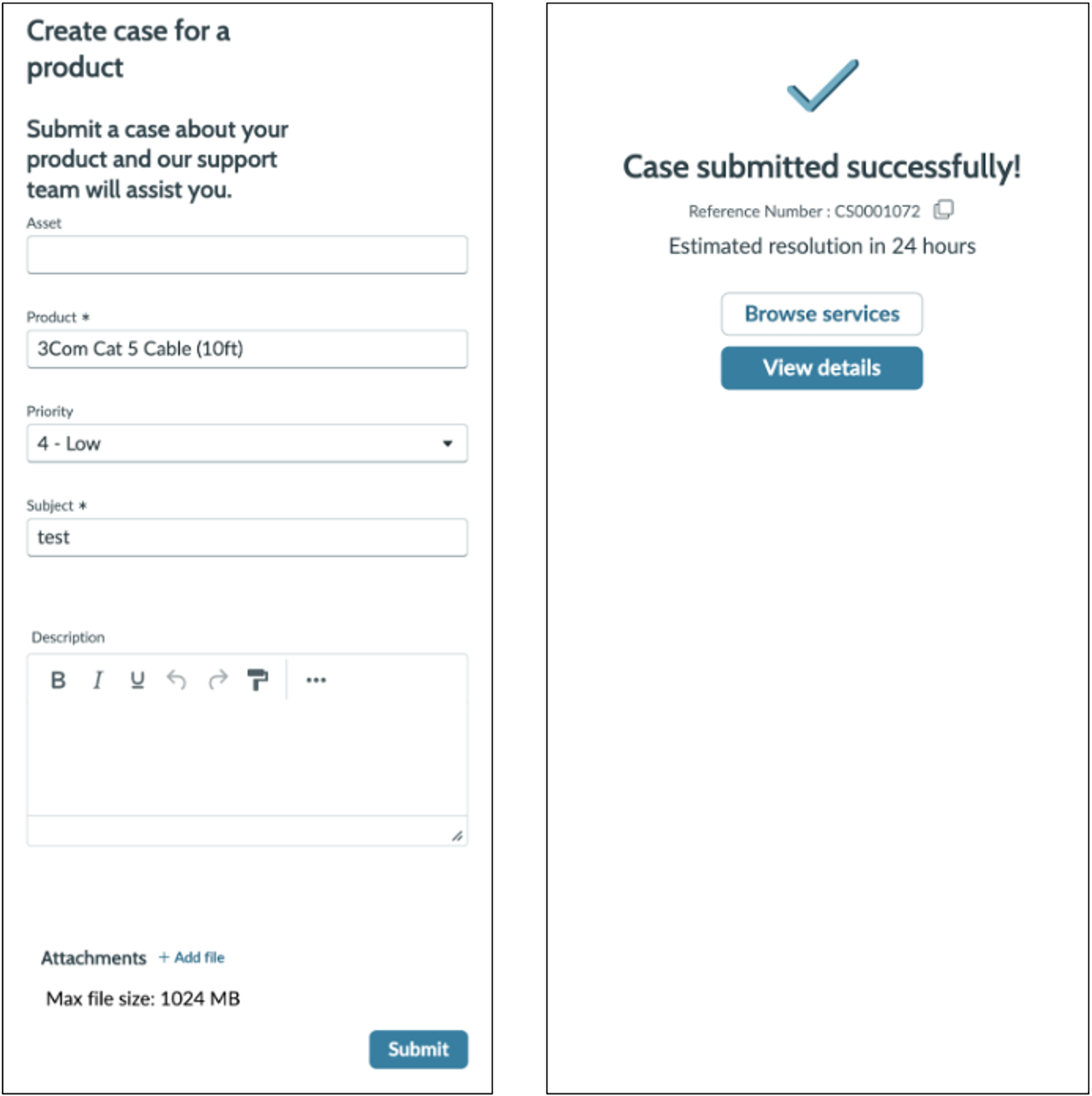 Case create component mobile view displaying a form to create and submit a case.