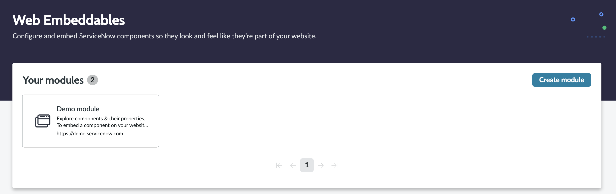 Web Embeddables homepage displaying demo module under Your modules section.