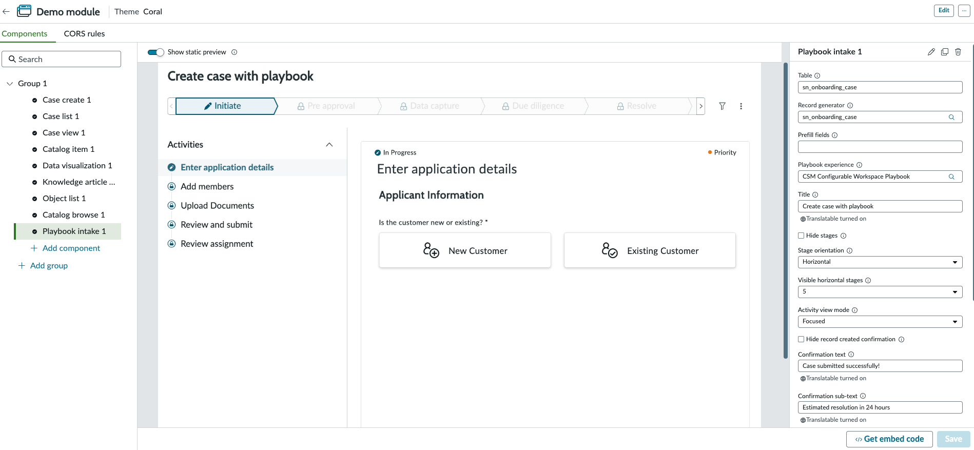 Playbook intake component instance displaying creation of case using playbook guided experience.