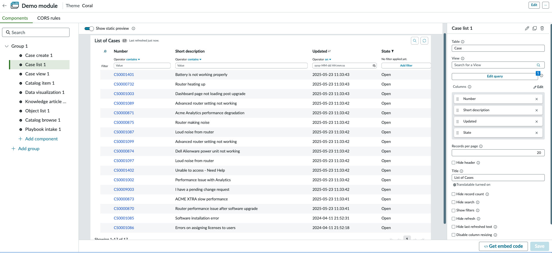 Case list component instance displaying list of cases in the Preview tab.