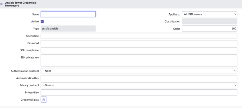 Ansible Tower 認証情報の新しいレコード。
