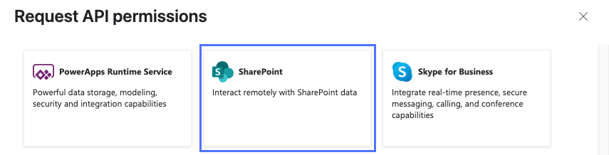 SharePoint 타일을 표시하는 API 권한 요청 대화 상자.Microsoft Entra 관리자 센터