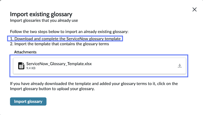 On the modal window titled Import existing glossary, the template download area is highlighted. The template filename is ServiceNow_Glossary_Template.xlsx