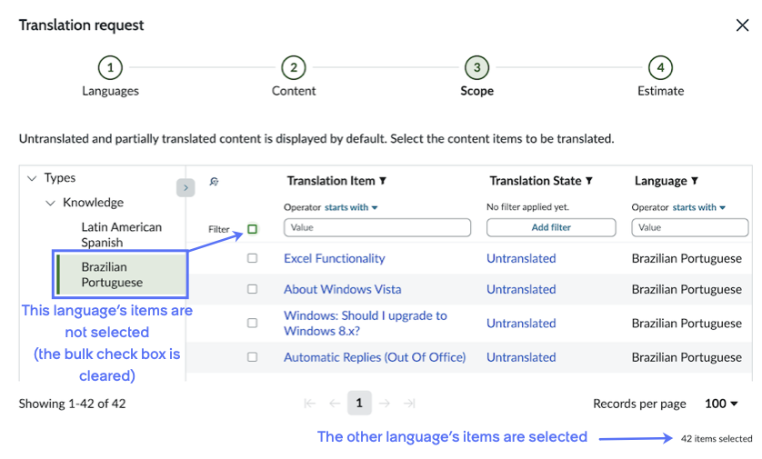 Under the Types pane, one language (Brazilian Portuguese) is selected, and also the bulk select/deselect check box is cleared. This means that Brazilian Portuguese documents are excluded from the request.