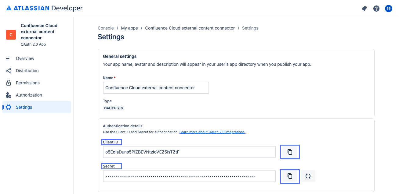 의 Atlassian 클라이언트 ID 및 비밀 필드 개발자 콘솔 설정 페이지.