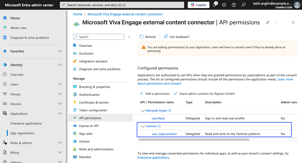 추가된 Yammer 권한을 표시하는 애플리케이션의 API 권한 페이지입니다Microsoft Entra 관리자 센터.