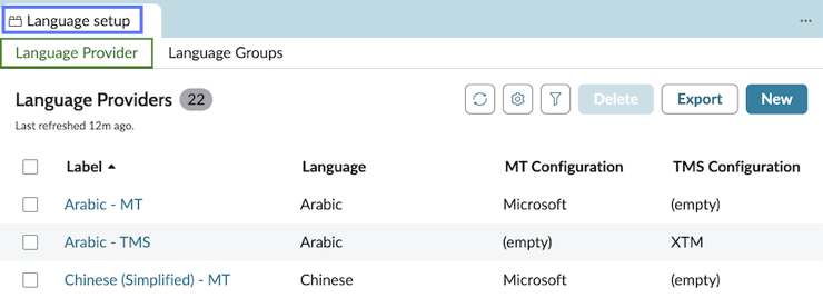 The Language setup tab with the Language Provider list open. Several example Language Providers are listed.