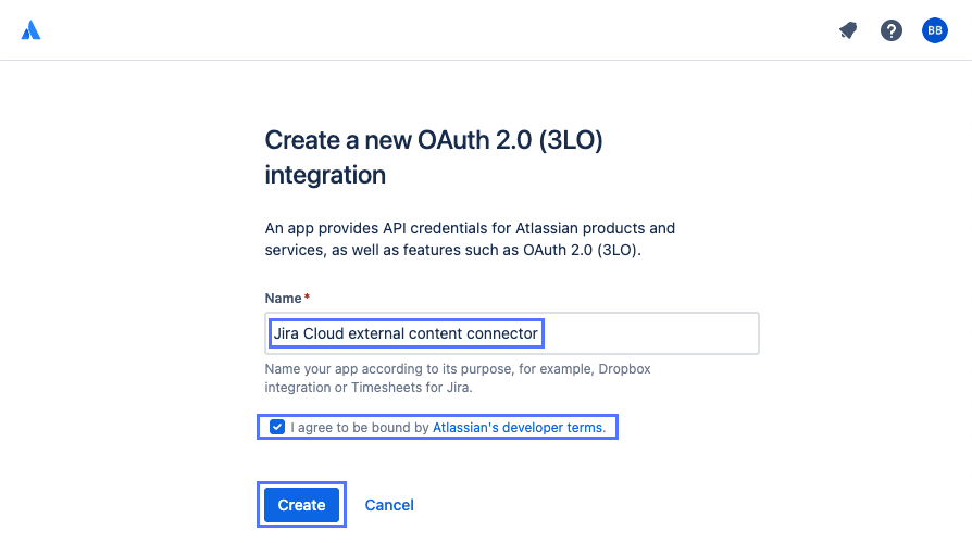 OAuth 2.0(3LO) 통합 이름, Atlassian 개발자 용어 옵션 및 개발자 콘솔의 Atlassian 생성 버튼.