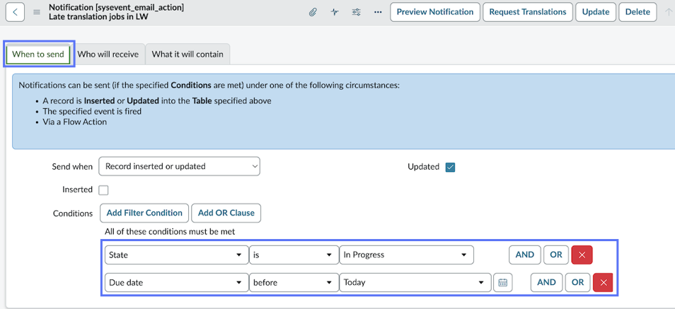 The When to send tab of the email notification form. Two example conditions are highlighted.