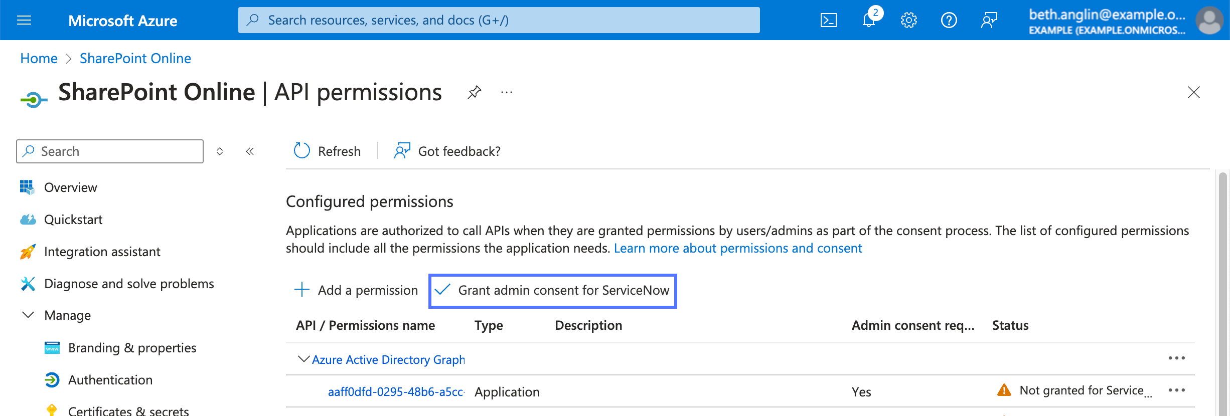 Microsoft Azure 링크에 대한 ServiceNow 관리자 동의 부여가 강조 표시된 포털 애플리케이션 페이지입니다.