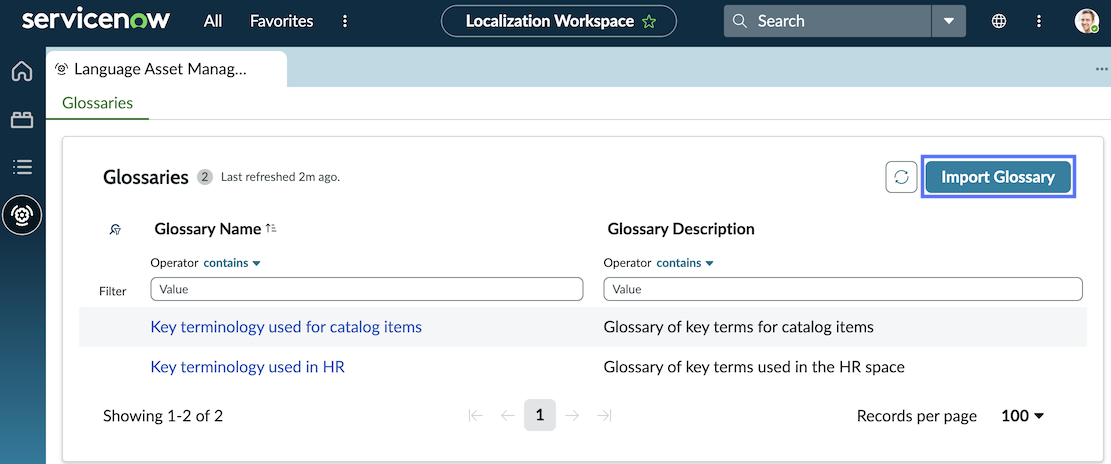 In the Language Asset Management area, the Import Glossary button is highlighted.