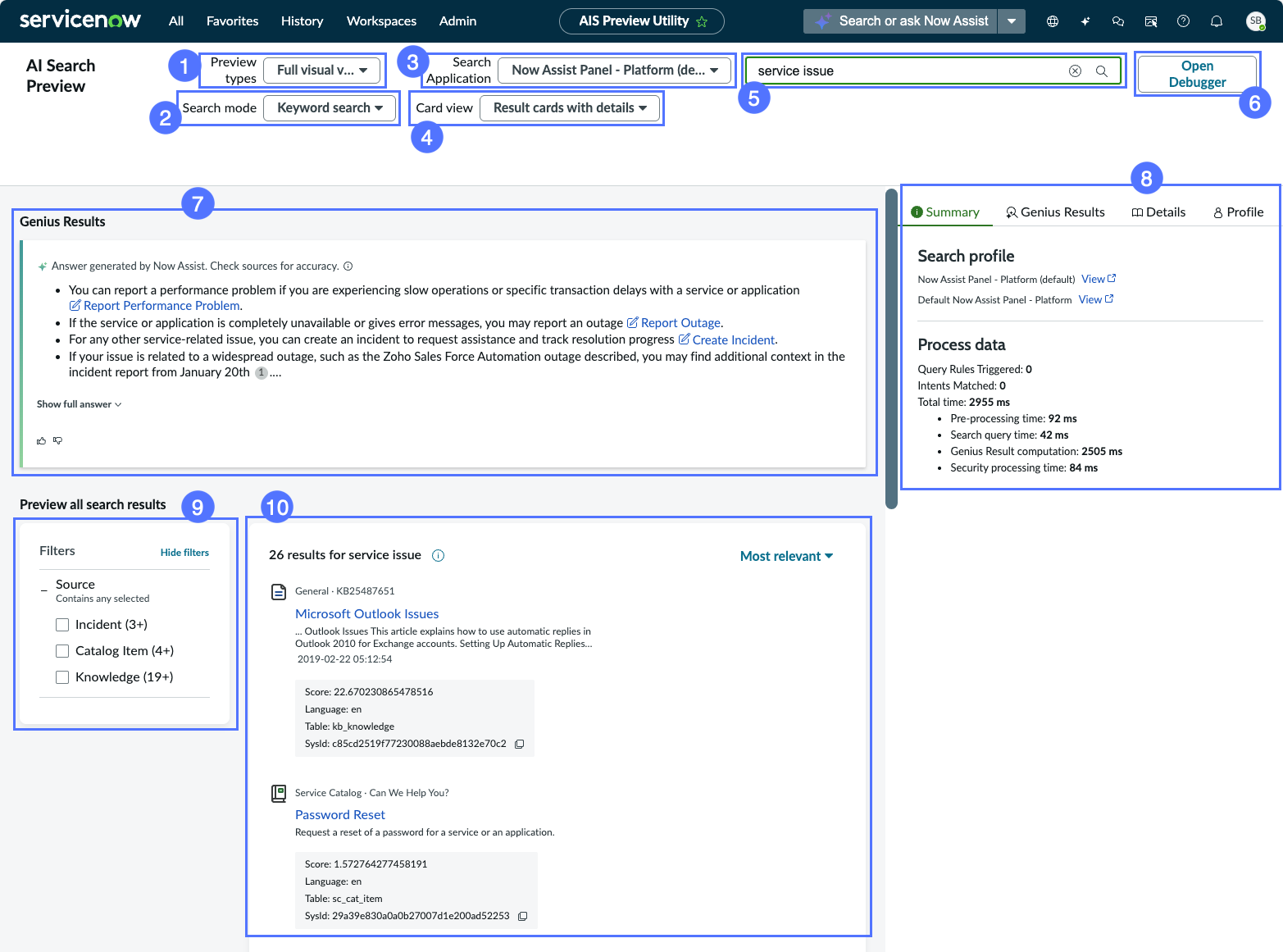 Sample Search Preview UI screen displaying service issue search query results.