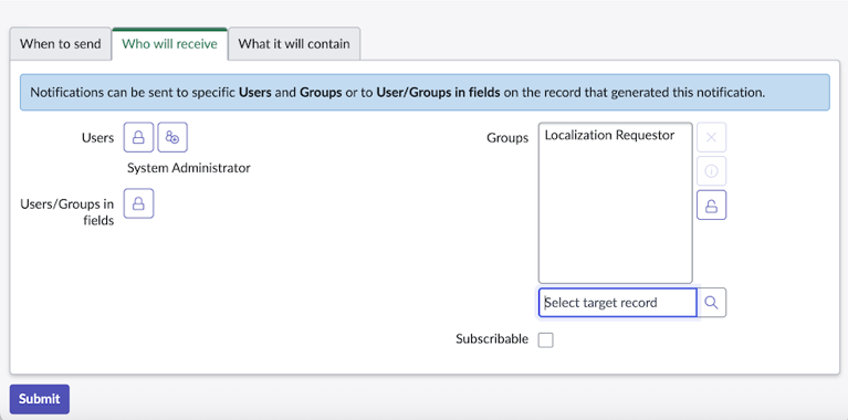 The Who will receive tab on a new email notification for Localization Workspace's Translation Request table.