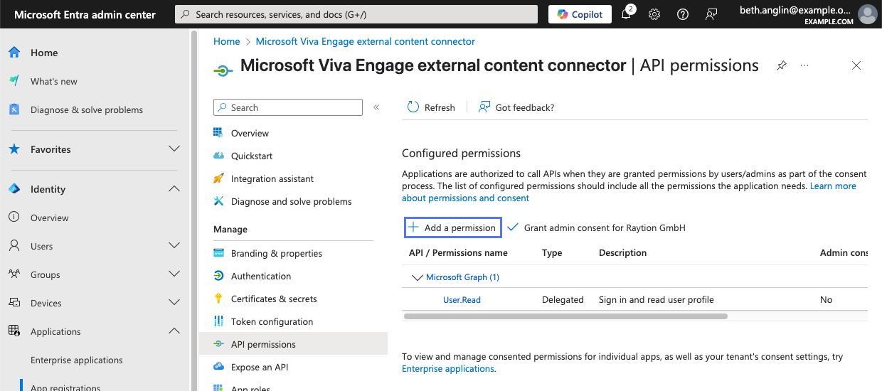 권한 추가 링크가 있는 애플리케이션의 API 권한 페이지 Microsoft Entra 관리자 센터 입니다.