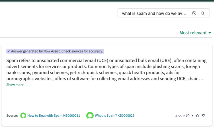 Now Assist Q&A answer card showing generated answer banner, knowledge article summary snippet, source knowledge article title, View article action link, information link, and thumbs-up and thumbs-down feedback links.