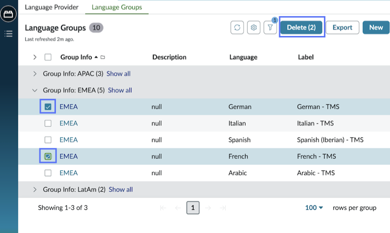 In the Language Groups tab, one language group is expanded to show five rows. Check boxes in front of two language rows are selected. The Delete button is highlighted.