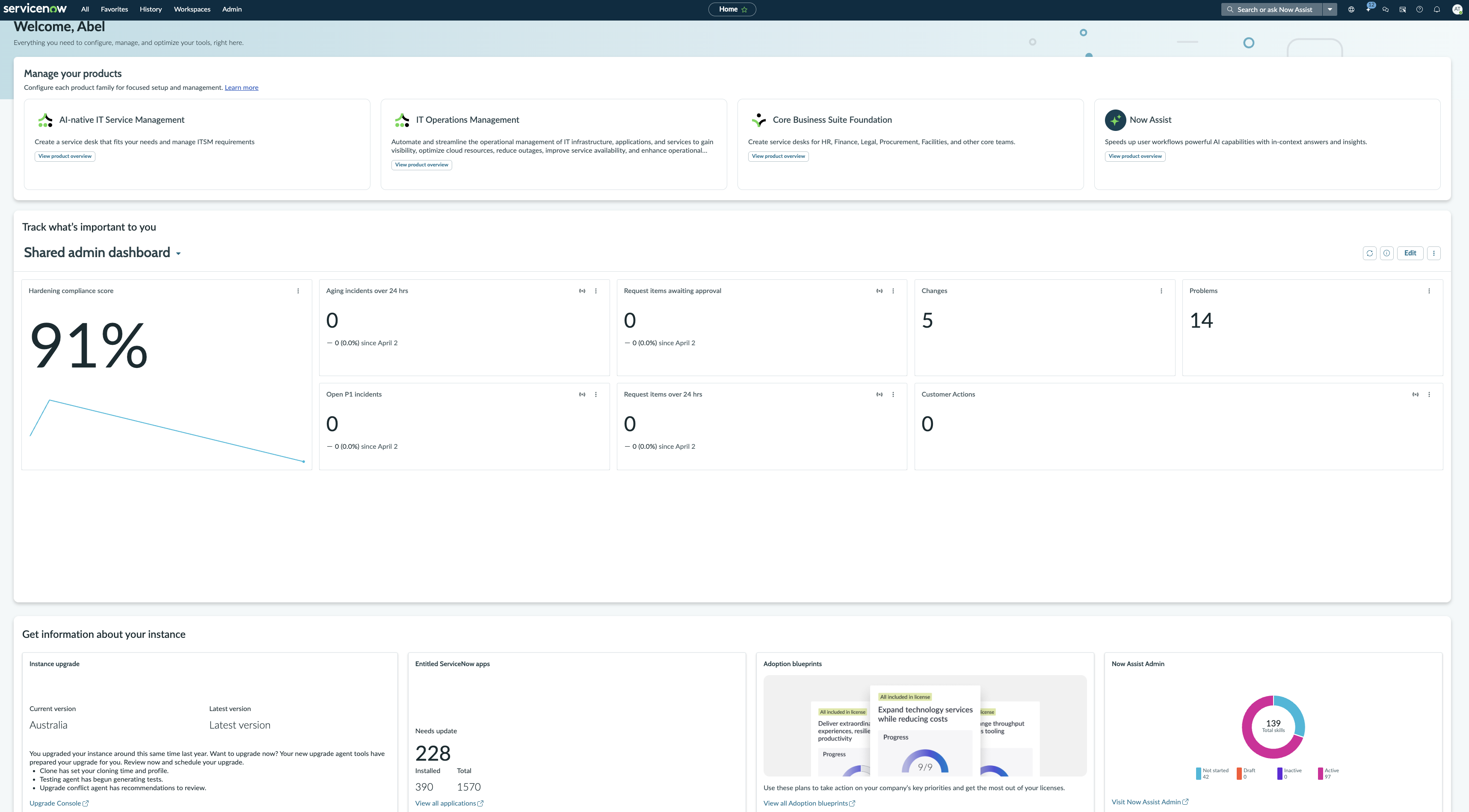 The Admin Home page