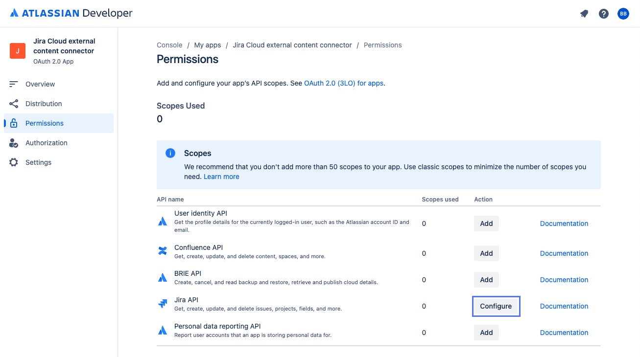 구성 Jira 권한 콘솔의 API 버튼입니다Atlassian.