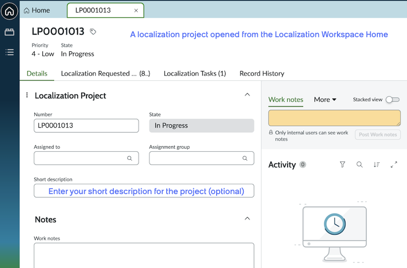 A localization project tab which has been opened from the Home screen. The project details can be reviewed and optionally updated.