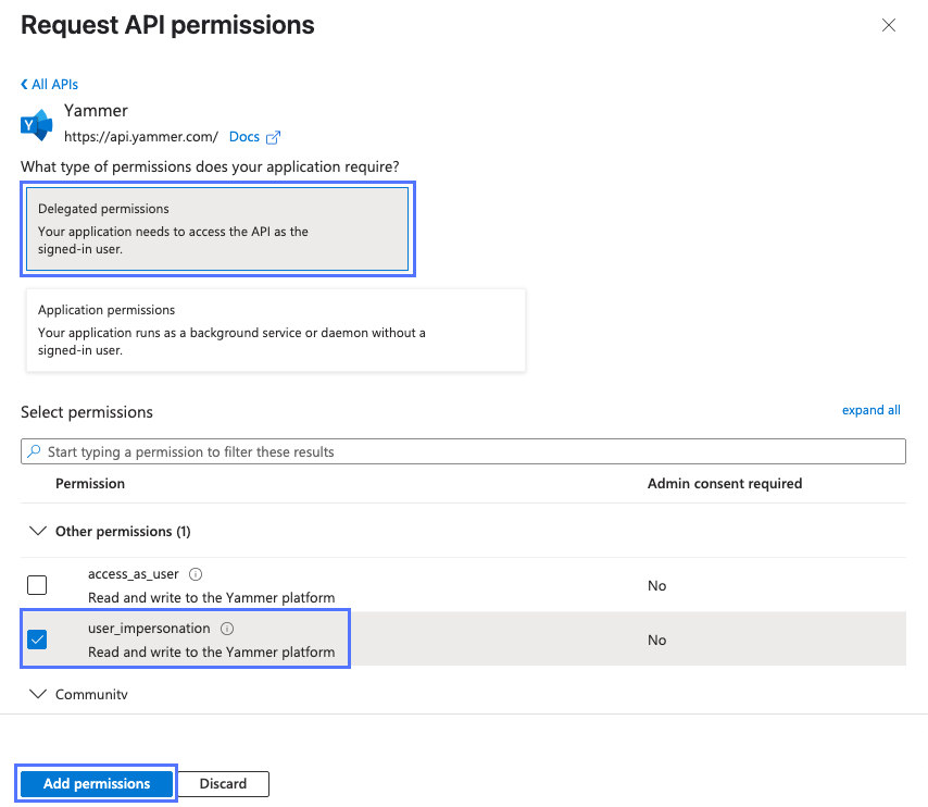 위임된 권한 타일 및 권한 옵션을 표시하는 API 권한 요청 대화 상자 Microsoft Entra 관리자 센터 user_impersonation.